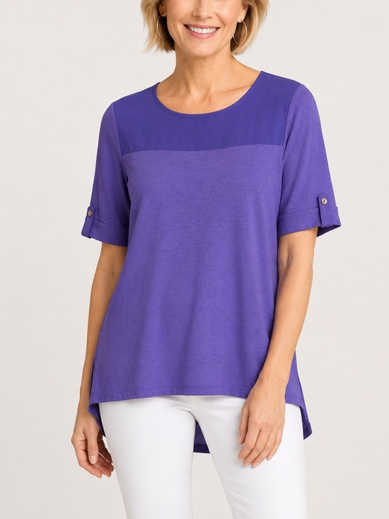 Chico's Tops - Chico’s Size 1 Purple Mixed Media Hi Low Top Button Sleeve Casual Tunic Classic